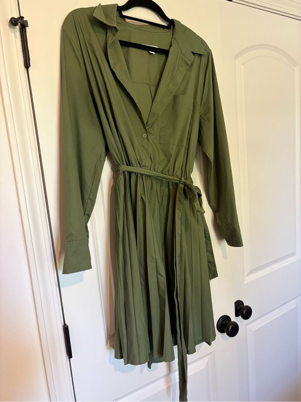 Olive Green Long Sleeve Shirt Dress with Tie Waist
